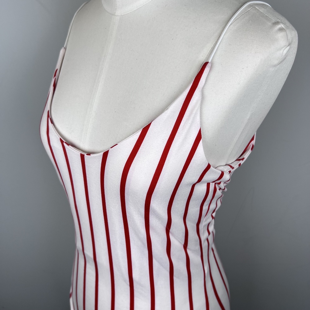 ON THRED UP - Gaze Red&White Striped Bodysuit Tank Rope Strap Double Lining - Picture 15 of 15